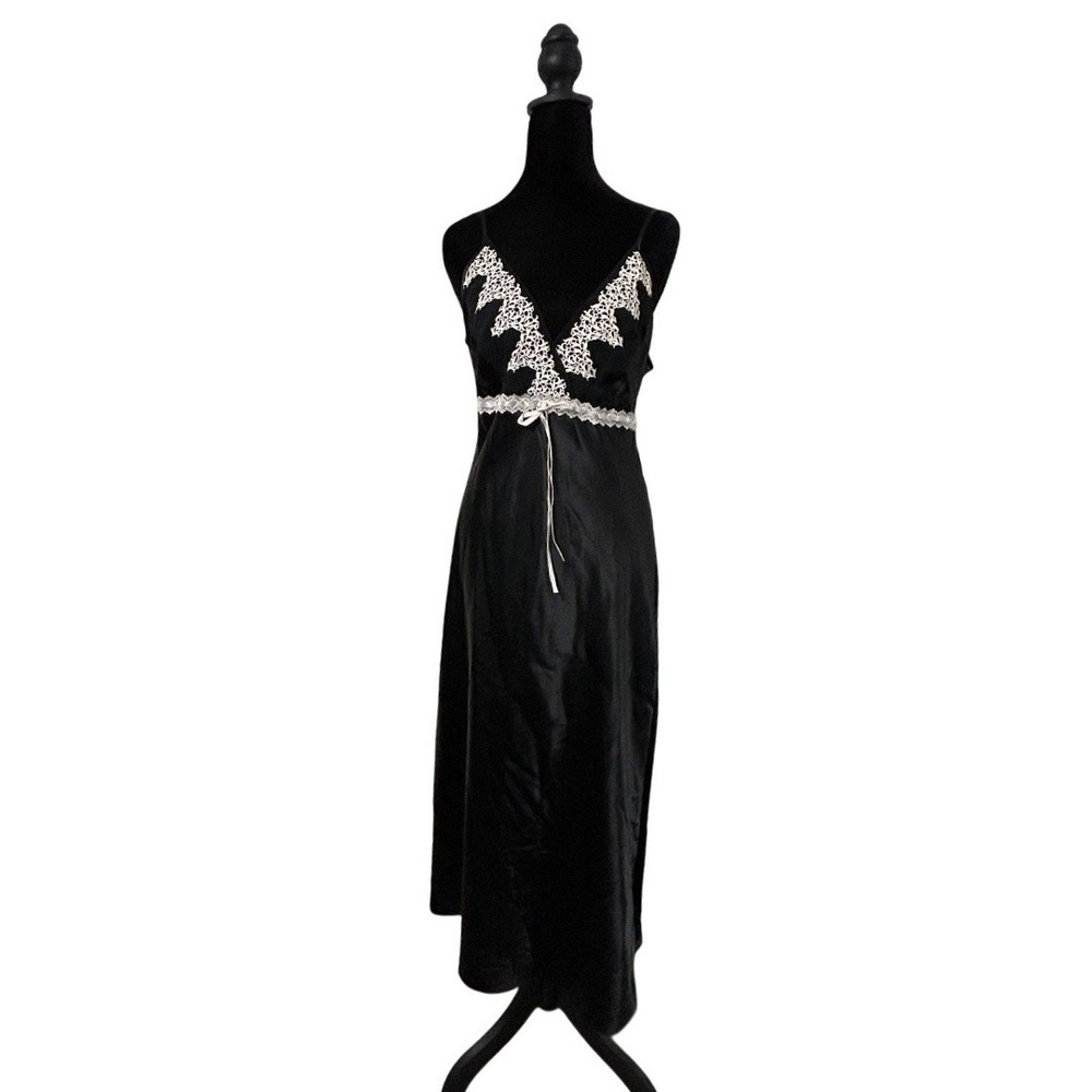Vintage Delicates Black Satin Lace Trim Maxi Slip Dress Bow Empire Waist Medium